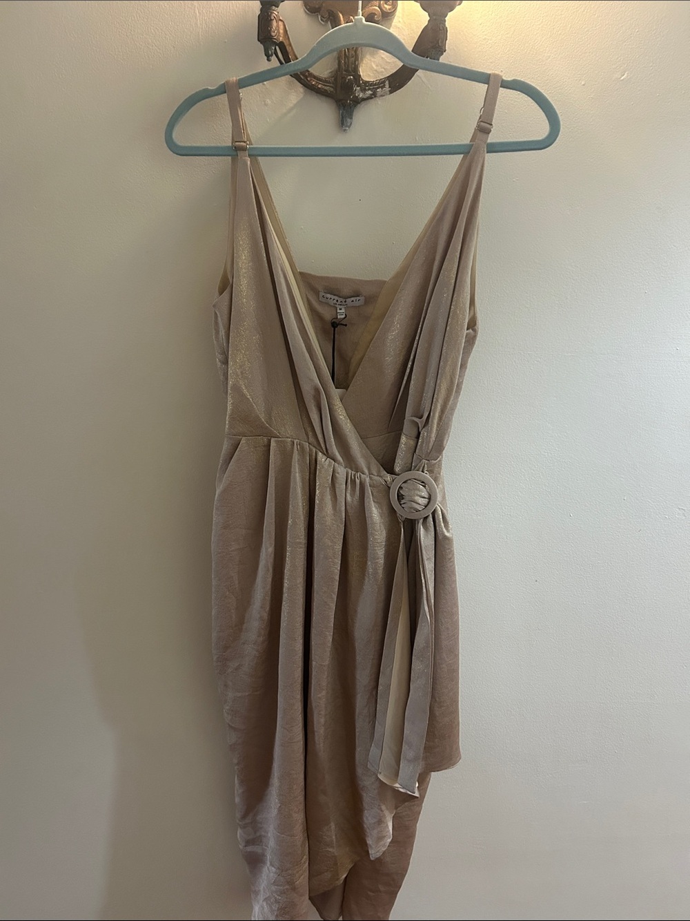 Current Air Champagne Beige Asymmetrical Satin Wrap Dress